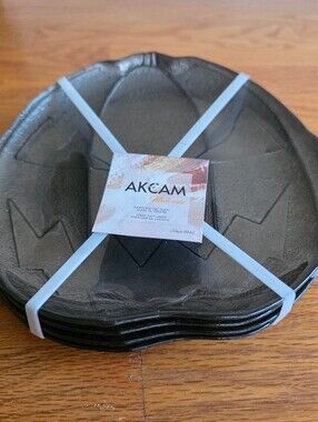 Set Of 4 Akcam Turkish Glass Plates Black Jack O Lantern Pumpkin NEW